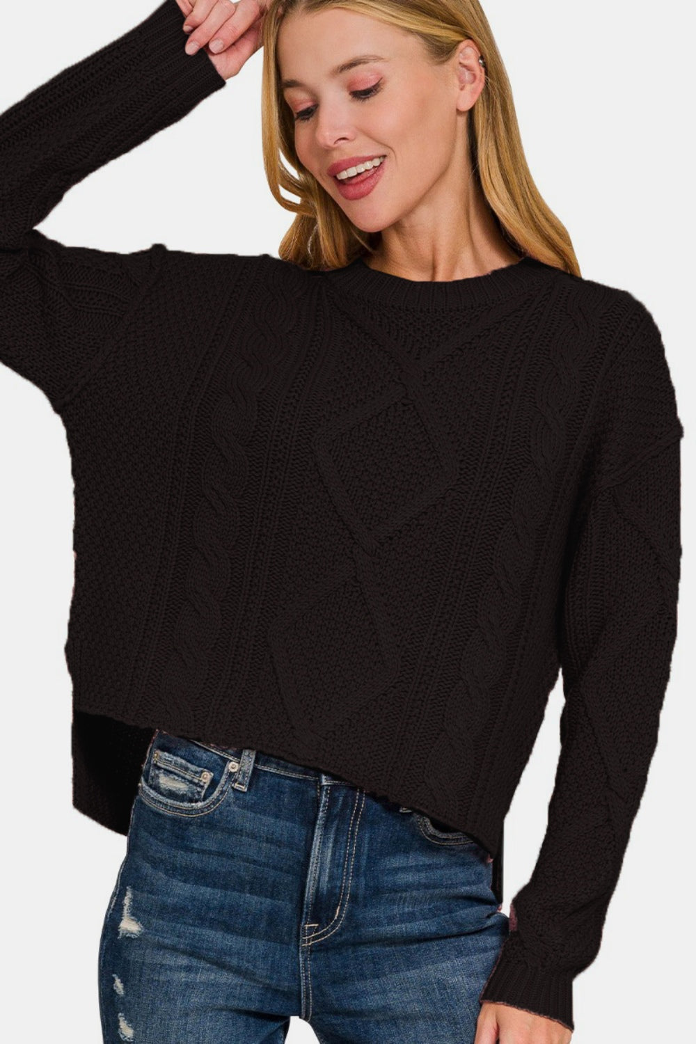 Zenana Cropped High Low Cable Sweater with Side Slits