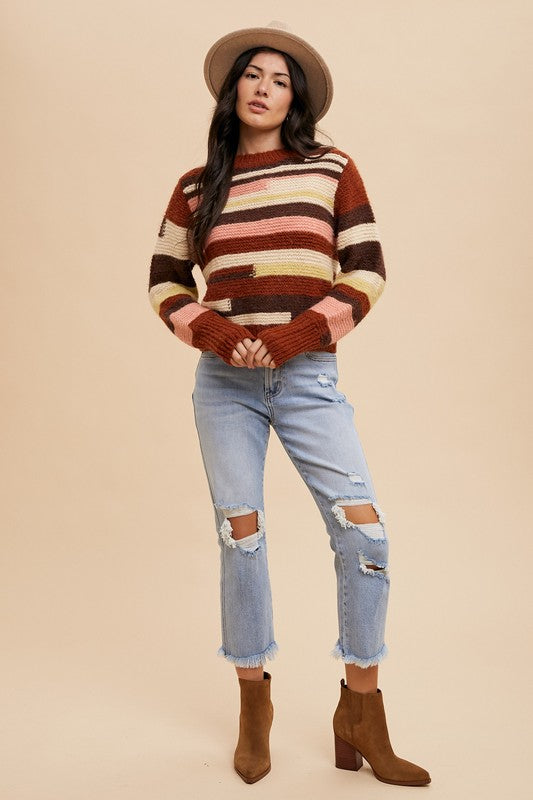 Annie Wear Color Block Round Neck Long Sleeve Sweater